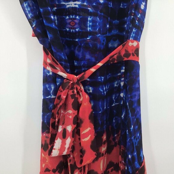 BCBGMaxazria Women's Sz XXS Red/Blue Persian 100% Silk Sleeveless Wrap Blouse - Picture 7 of 7